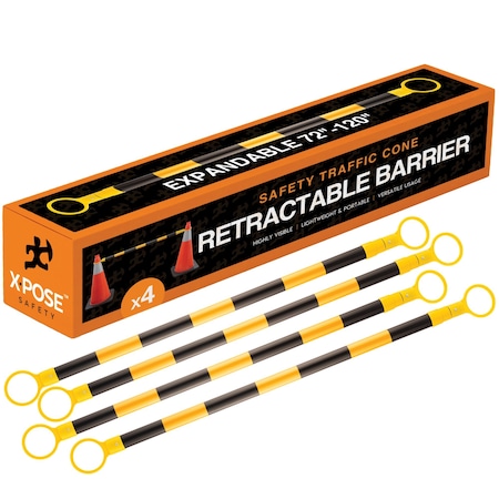 Xpose Safety Retractable Cone Bar, PVC, 72-120" Length, Black/Yellow 4 PK CBY72/120-4-X-S